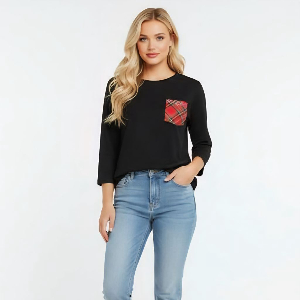 Quacker Factory XS Black with Red Tartan Plaid Pocket 3/4 Sleeve Tunic Shirt